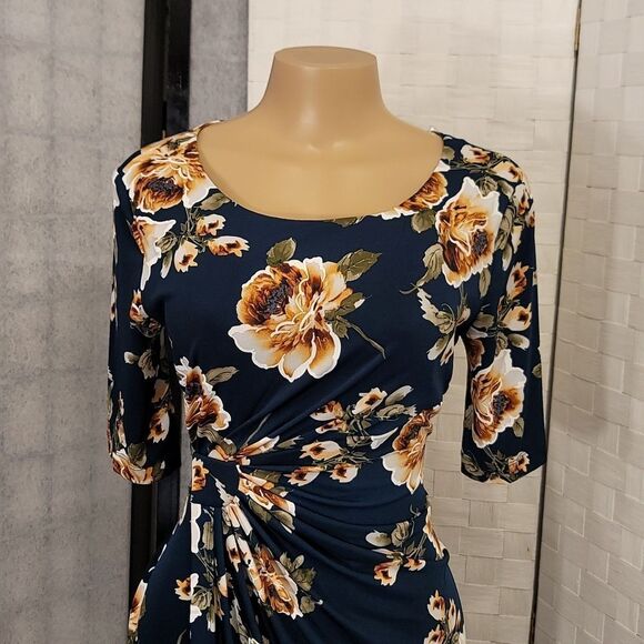 BRAND NEW CONNECTED APPAREL FLORAL COLORBLOCK RUCHED SIDE DESIGN 3/SLEEVE DRESS - Picture 11 of 15